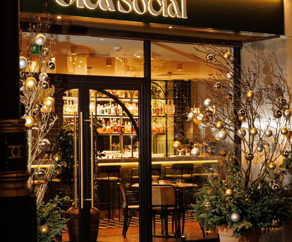 Glowing restaurant frontage with christmas decorations